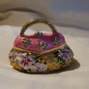 Bejeweled Trinket Hinged Flower Purse  Metal - New